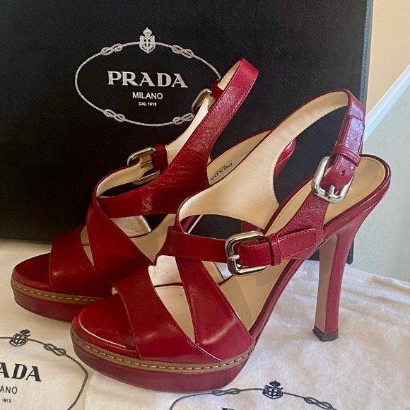Prada Platform Red Sandals Slingback Heels - Picture 2 of 14